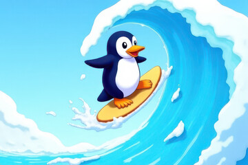 Cute Cartoon Penguin Surfing Giant Ice Cream Swirl: Colorful Kids-Friendly Art