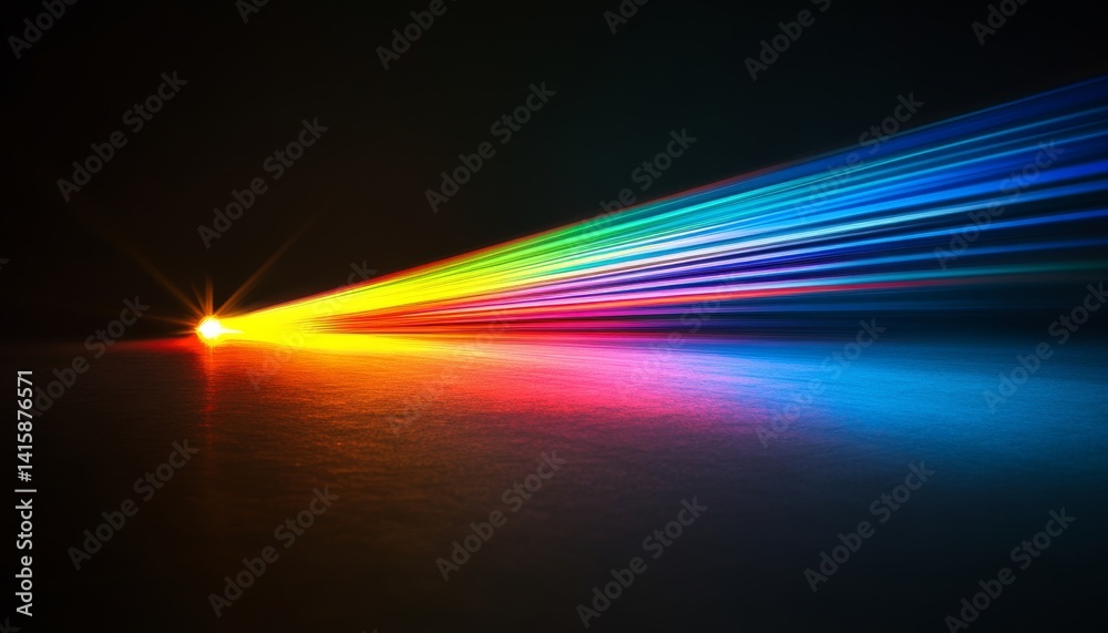 Poster vivid light beam refracting through a prism, revealing the colorful spectrum against a black backdro