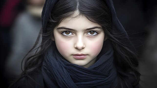 Girl's intense gaze, dark hair, scarf
