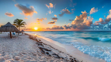 A beach with a small wooden hut on the shore