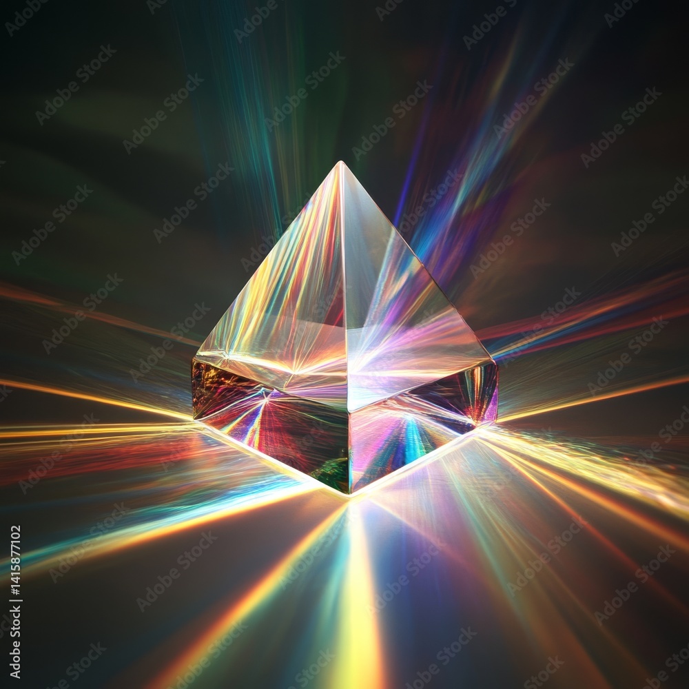 Poster Vibrant Display of Light Refracting Through a Crystal Prism Floating Gracefully in the Air, Creating an Enchanting Spectrum of Colors