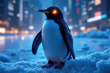 Fototapeta premium Cyberpunk Emperor Penguin: Neon-Lit Futuristic Cityscape, Glowing Eyes, Abstract Digital Art, Surreal Close-Up