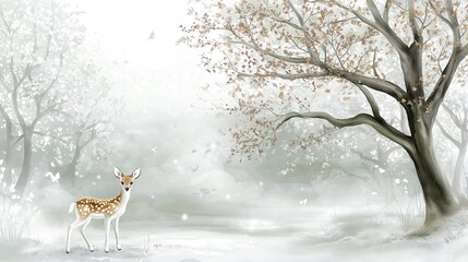 Fototapeta premium A deer stands beside a tree amidst a foggy forest, with leaves falling from branches