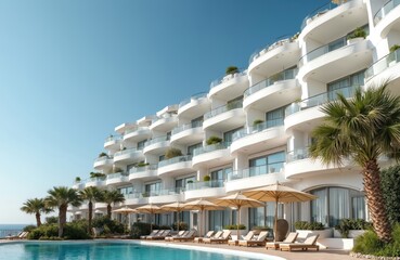 Exterior view luxury resort hotel on sunny day, waterfront area with pool, umbrella, sunbeds. Modern architecture, blue sky. Summer vacation season destination, holiday. Travel, tourism, relax,