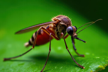 Fototapeta premium Intense Close-Up of Blood-Engorged Mosquito on Green Leaf: Stunning Insect Realism in Natural Forest Setting