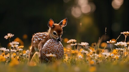 Obraz premium A baby deer frolics with an Easter egg amidst daisy fields bathed in sunlight