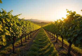 Fototapeta premium Lush green vineyard at golden hour with endless grapevine rows under clear skies and warm sunlight Generative AI