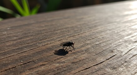 Fototapeta premium Fly on Wooden Surface - A single fly rests on a weathered brown wooden surface, its shadow cast beneath it