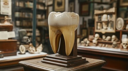 A tooth model displayed in a dental museum exhibit, surrounded by historical artifacts 