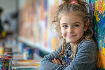 Little girl smiling, painting on wall.