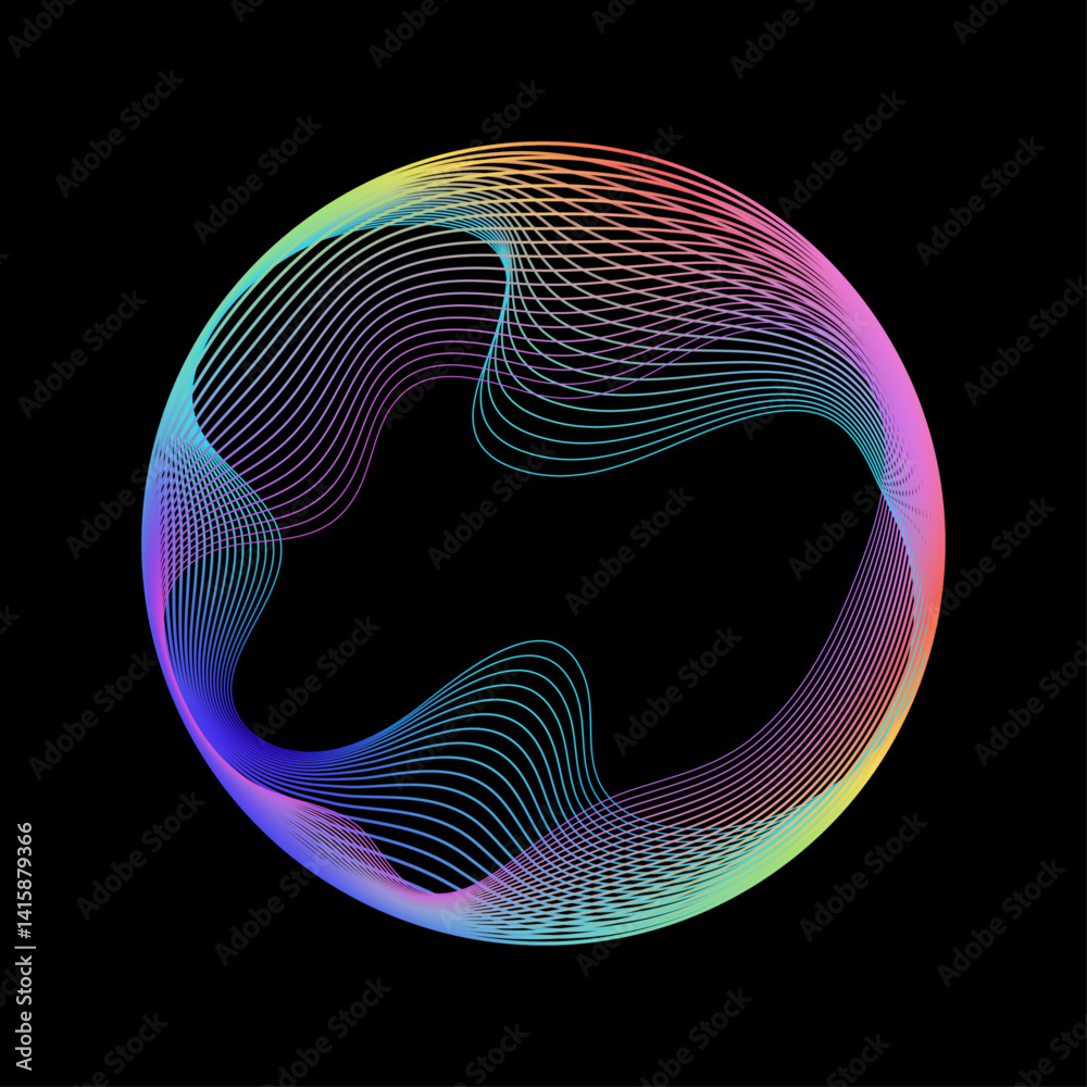 Poster Abstract colorful rainbow spectrum wave lines in round shape. Neon iridescent wavy line circle frame isolated on black background with copy space for technology, science, music, modern graphic design