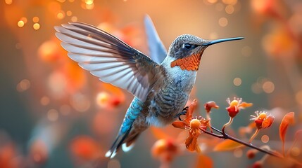 Fototapeta premium Hummingbird Frozen Mid-Air With Wings In Blur, Flower Glowing With Color, Soft Clean Background, Modern Stock Styling --Ar 16:9 --S 983 --V 6.0 --Style Raw** - @Darya (Relaxed) -# Create, Explore, A