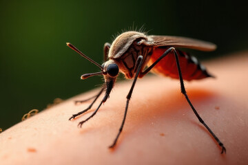 Fototapeta premium Close-Up Mosquito Biting Human Skin: Realistic Body Hair & Skin Texture in Natural Light