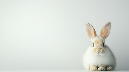   A white rabbit sits beside a white wall with its eyes shut and ears open on a white backdrop
