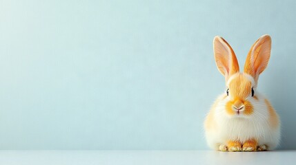 Obraz premium A small orange-white rabbit sits atop a white table facing a blue-gray wall