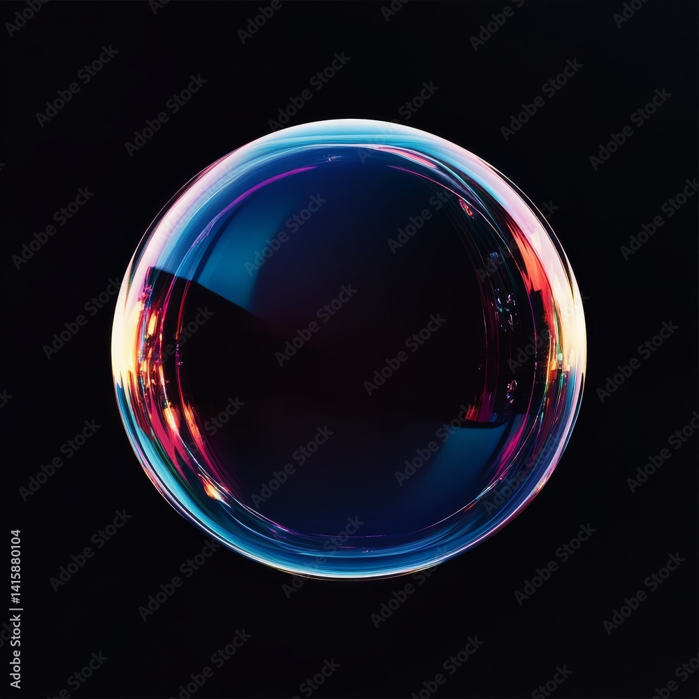 Poster vibrant glass bubble suspended in darkness revealing captivating colors and reflections in a minimal