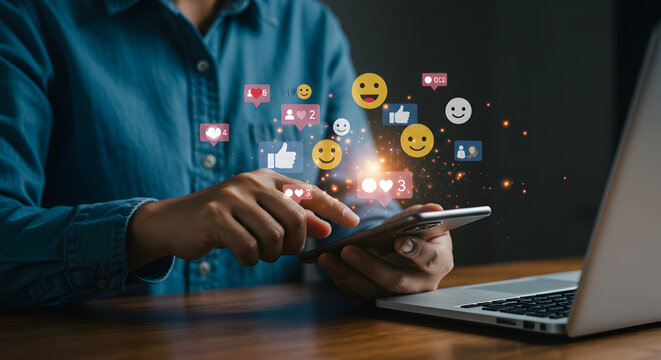 Professional workspace, business strategy, financial growth person using smartphone with social media icons and laptop on desk in a dimly lit environment