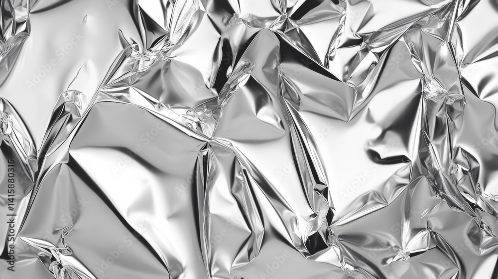 Poster Crinkled Chrome Surface Reflects Light With Dynamic Texture, Creating a Captivating Abstract Metallic Backdrop for Creative Projects and Designs