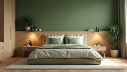 Stylish modern green bedroom interior design. Light wood furniture, bed, pillows, cozy atmosphere, plants. Bedroom decor elements, aesthetic design, wooden floor. Home decor concept, room design for