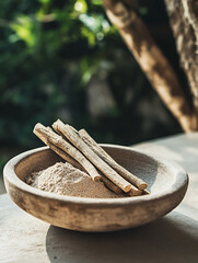 Ashwagandha root sticks and powder in a wooden bowl, used in traditional medicine
