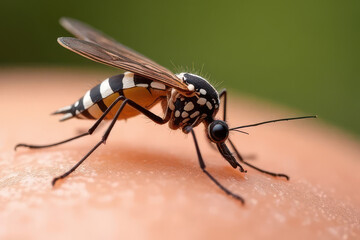 Fototapeta premium Macro Close-Up of Mosquito on Skin: Realistic Texture, Soft Lighting, High Detail Abstract Biological Style