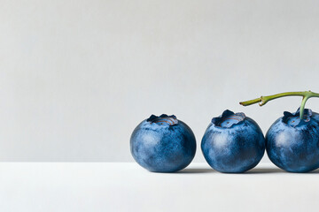 Close-up shot of four plump blueberries, glistening under soft light. Their deep blue hue and subtle texture are emphasized against a minimalist white background.