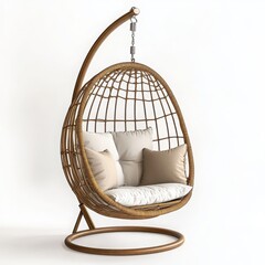 Hanging egg chair with pillows on white background
