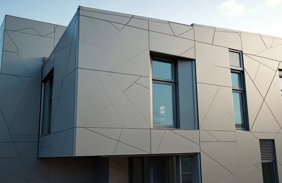 Modern commercial building exterior. Aluminum composite panels with glass windows, engineered diagonal cladding. Contemporary architecture, industrial design, urban landscape. Futuristic steel