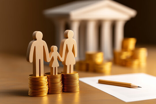 Wooden family figures on stacked golden coins in front of institutional columns, concept of family welfare, tax benefits or government financial aid
