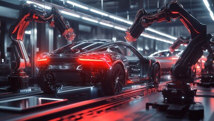 Obraz premium Futuristic Car Manufacturing: Robotic Assembly Line