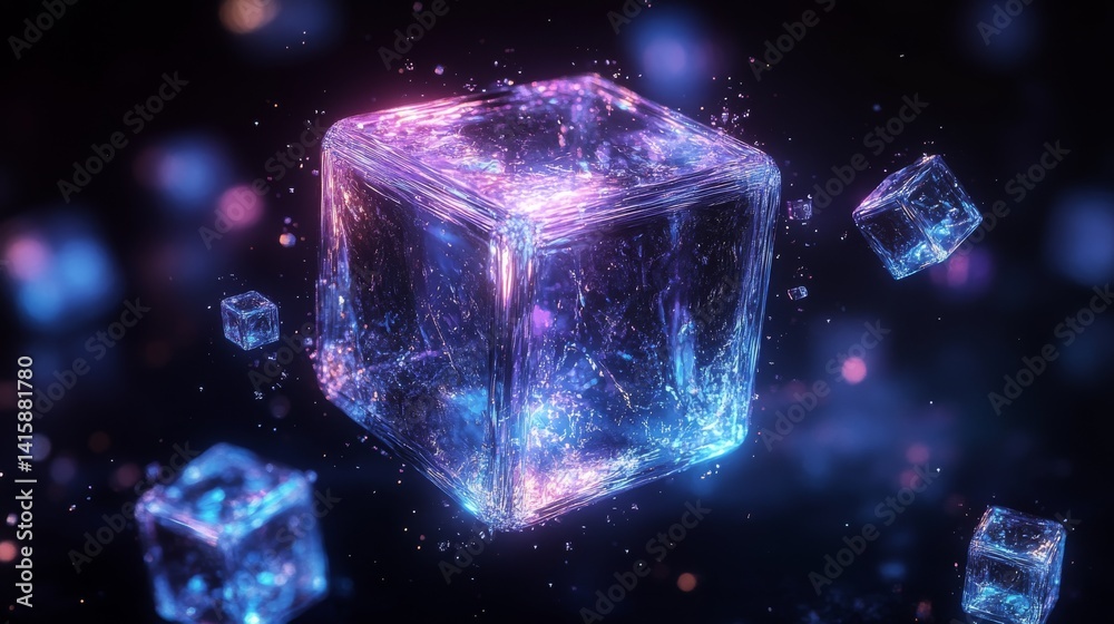 Aufkleber Floating Blue Transparent Cubes Shimmering in a Surreal Black Space Surrounded by Smaller Cubes, Creating a Dreamlike Atmosphere Filled With Metallic Reflections and Vibrant Colors