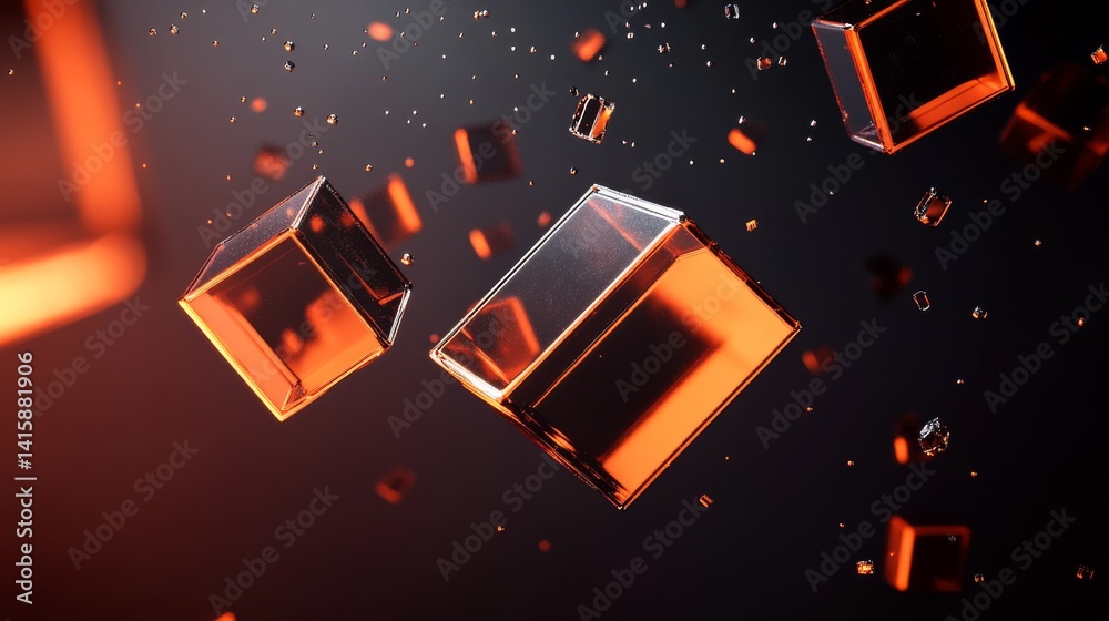 Poster Ethereal Glass Boxes Hover in a Minimalistic Setting, Showcasing a Dynamic Contrast Between Solid Forms and Dissolving Particles Under Warm Light