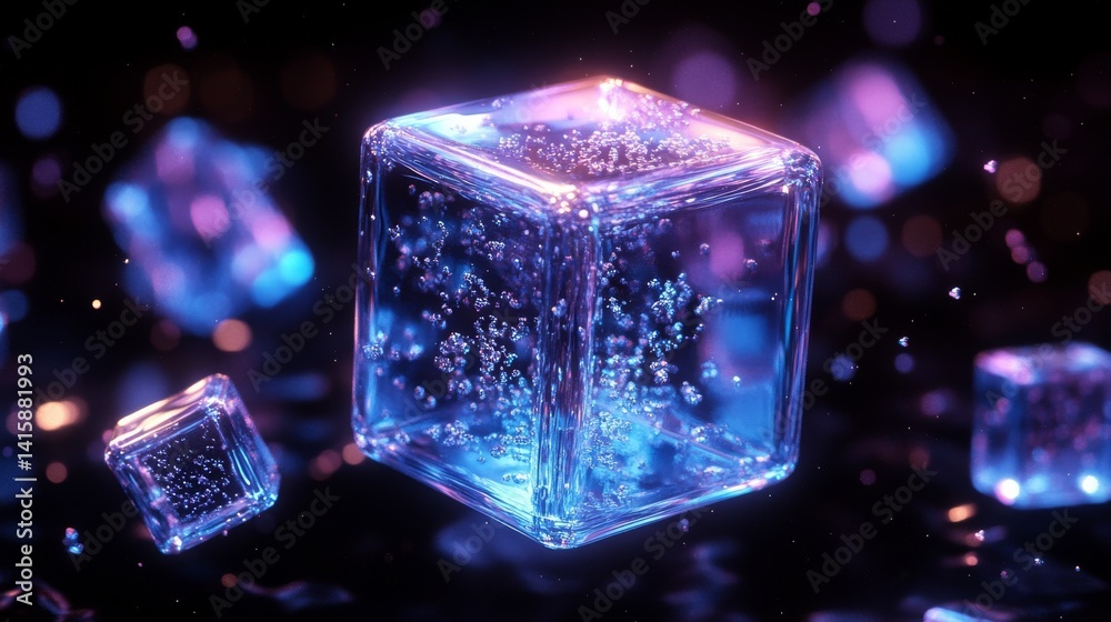 Aufkleber floating blue transparent cube surrounded by smaller cubes in a surreal black space with glossy refl