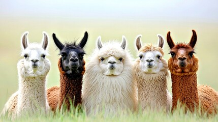 Fototapeta premium A group of llamas grazing on a green field against a blue sky backdrop