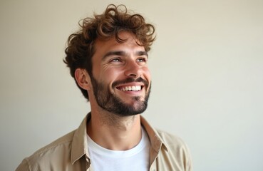 Fototapeta premium Smiling European man in casual clothes looking up. Brunet with beard and modern hairstyle. Happy, cheerful guy with positive expression. Studio portrait, friendly, excited, delighted person.