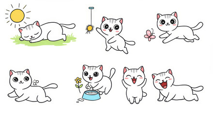Fototapeta premium Happy Cat Poses Line Art Illustrations - Adorable cartoon cat in various playful poses, symbolizing joy, relaxation, curiosity, contentment, and playfulness. Perfect for kids' products, pet websites