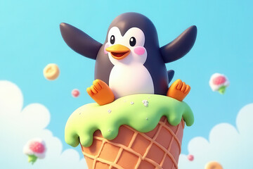 Naklejka premium Whimsical Cartoon Penguin Riding Giant Ice Cream Wave: Joyful Kids Illustration Concept with Vibrant Candy Colors and Fun Textures