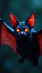 Close-up of a Halloween bat with glowing eyes and outstretched wings, festive occasion, bat
