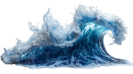 Blue water wave in motion, HD clarity and splash detail, isolated on white background