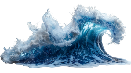 Blue water wave in motion, HD clarity and splash detail, isolated on white background