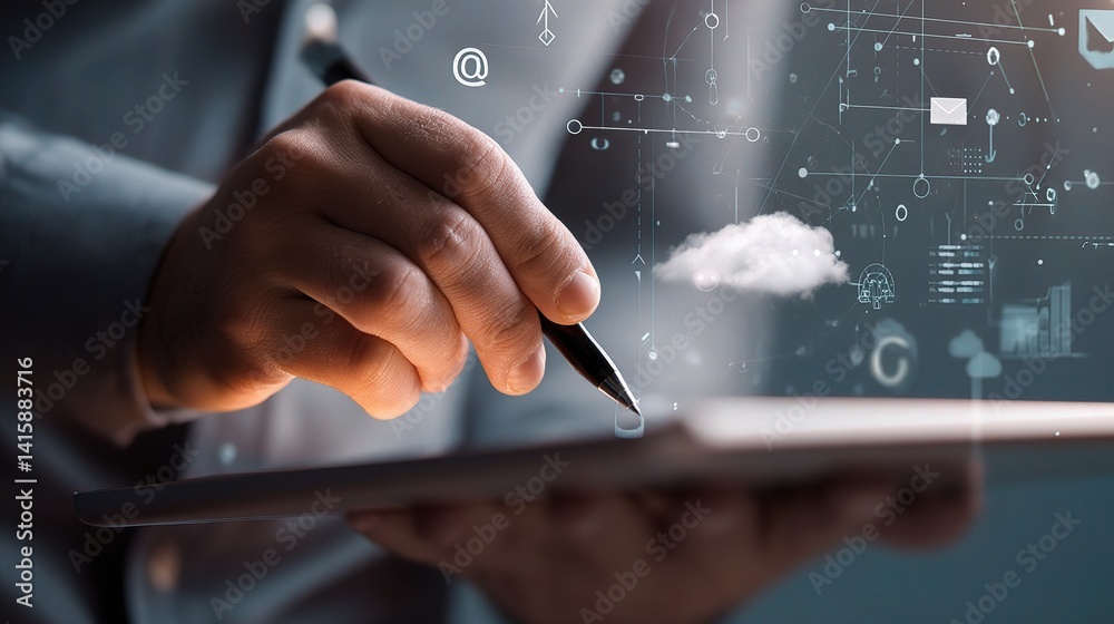 Poster man using stylus on tablet with data points and digital graphics