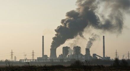 Industrial Pollution and Emissions - Dark plumes of smoke billow from industrial chimneys against a hazy sky, depicting air pollution from a power plant
