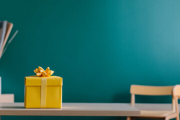 Warmly lit classroom features a cheerful yellow gift box on the teacher's desk
