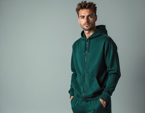 Handsome man in green tracksuit on gray background. Stylish male wearing a hoodie. Casual outfit, sportswear, fashionable design. Portrait of a photogenic guy posing in studio.