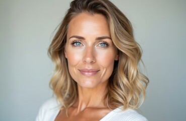 Fototapeta premium Close-up portrait of attractive middle-aged woman. Fair skin, blonde hair, blue eyes. Smiling, natural beauty. Skincare beauty concept. Positive emotions. Mature female in studio. Wellness, health,