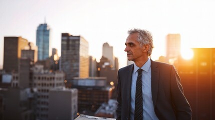 Fototapeta premium Formal Older Businessman on City Rooftop with Skyline at Sunset