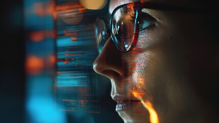 Woman in Glasses Surrounded by Technology and Cybersecurity Elements