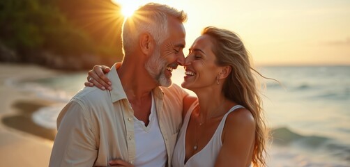 Middle-aged couple in love sharing intimate moment on ocean beach at sunset. Man with grey beard embraces smiling woman. Romantic vacation, tropical honeymoon concept. People enjoy vacation together.