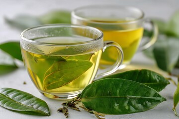Green Tea With Fresh Leaves Served in Clear Glasses on a Soft Backdrop With Scattered Foliage