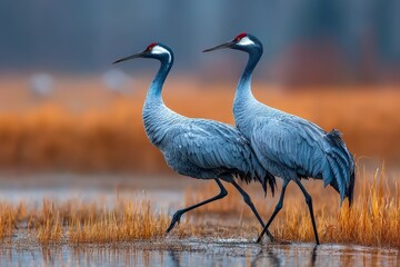 Two cranes walking through a marshy landscape, showcasing their elegant posture and distinctive features.